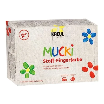 Image de KREUL 28420 Peinture au Doigt pour Tissu Mucki, Couleurs Vives à Base d&#039;eau Enfants partir de 2 Ans, Blanc, Jaune, Rouge, Vert, Bleu, Violet, 6x150 ml
