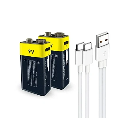 Image de Piles Batterie Rechargeable Lithium ION de Type C 9V, 1,5v USB 650mah, avec câble Charge C, Rapide en 2 Heures (2 Ensembles) (9V)