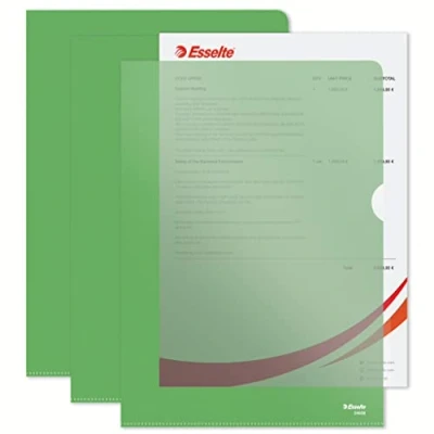 Image de Esselte, Chemise Coin Premium A4, Matière Grainée Mate Transparente Verte, Polypropylène 115 Microns, Lot de 100, 54838