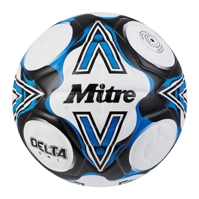 Image de Mitre Delta, solidité Durable, précision Accrue et Performances constantes Ballon De Foot pour Mixte Adulte, Blanc/Noir/Bleu Botn, 5