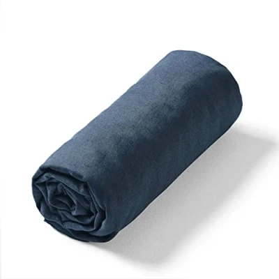 Image de LNT France Drap Housse 100% Lin lavé Linge de Maison Ourlet élastique (Bleu Nuit, 90x190 cm)