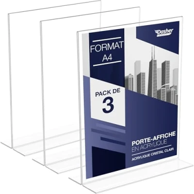 Image de Dasher Products Porte Document A4 en Acrylique Présentoir de comptoir Forme T, Double Face, Chargement par Le Bas. Idéal pour : Menu, publicité, Cadres Photo, salles Classe (A4 Lot 3)