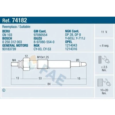 Image de FAE 74182 Bougie de préchauffage 11V M 10x1.25 OPEL: Corsa B 3/5 portes, Combo Van, Astra F CC, VAUXHALL: Mk1