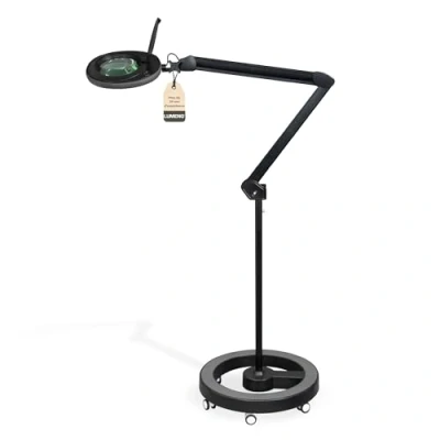 Image de Lumeno LED lampe loupe 7215SW avec lentille en verre de 127 mm, travail, convient pour cosmétique, les bricoleurs, aide à la lecture grossissante, 5 dioptries Noir trépied roulant