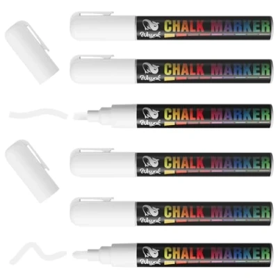 Image de WISYOK Lot de 6 Feutre Craie Blanche, Marqueur Blanc Indelebile, Tableau Noir Effacable, Double Pointe pour fenêtres et tableaux noirs 6mm