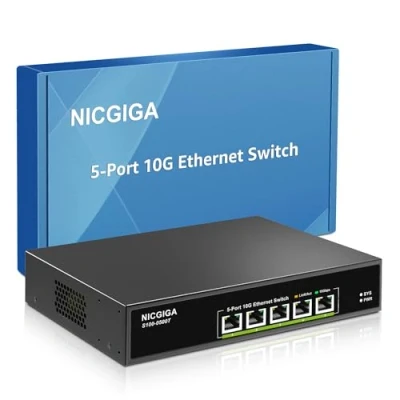Image de 5 Port 10G Ethernet Switch Unmanaged,with 5X 10Gb Base T RJ45 Ports, NICGIGA 10Gbps Network Easy for NAS,PC,WiFi7 Router,10G Adapter/NIC. Desktop Or 19 inch Rack Mount, Plug and Play.