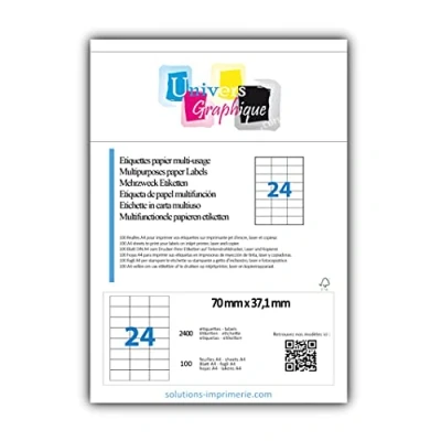 Image de 2400 Etiquettes adressage autocollantes 70 x 37 mm 100 Feuilles A4 de 24 étiquettes multi usage 70x 37.1 compatibles jet d’encre, laser et copieur Marque UNIVERS GRAPHIQUE REF UGE242