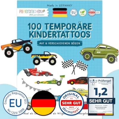 Image de Papierdrachen 100 tatouages pour enfants particulièrement doux la peau voitures comme cadeau d&#039;anniversaire ou idée de 100% végétalien, testé &amp; fabriqué en Allemagne Set 25