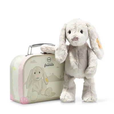 Image de Steiff 080968 Hoppie Lapin dans une valise, peluche avec yeux en plastique, pour enfants, garçons et filles, doux, 26 cm, gris clair