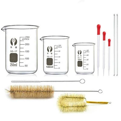 Image de Bécher en Verre, JESSTOLO 3 Pcs Gradué Borosilicate 50ml/100 ml/250ml, Brosses de Nettoyage, Eprouvette Verre et 2 Agitateurs Expérimental pour Laboratoire, Chimie, Médecine