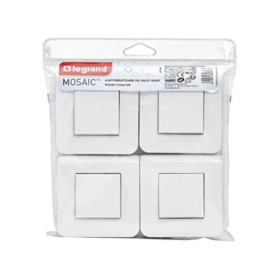 Image de Legrand Lot de 4 interrupteurs simple ou va et vient Mosaic 10A blanc complet avec plaque fixation à vis