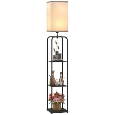 Image de HOMCOM lampadaire sur pied salon, lampe salon moderne, avec étagères, abat jour en tissu, interrupteur à chaînette pour chambre coucher, bureau, ampoule non incluse, noir