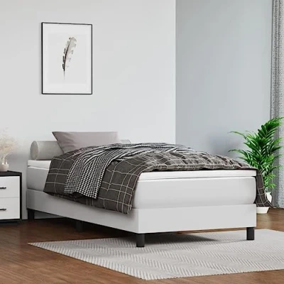 Image de vidaXL Cadre de Lit, Lit Rembourré, Simple avec Sommier à Lattes, Adulte Chambre Coucher, Moderne, Blanc 90x200 cm Similicuir
