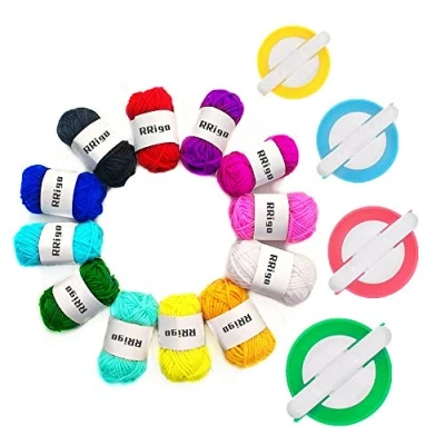 Image de RRigo Pompom Makers, 4 Tailles de Tissage pour Fabriquer des Pompons Boule Maker Pattern Tricot Craft Outil Peluches Weaver DIY + 12PCS Fil Acrylique(16)