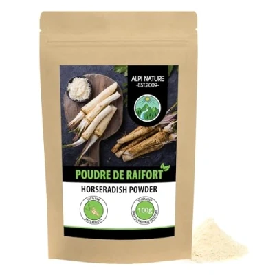 Image de raifort en poudre (100g), racine de moulue, 100% pure, doucement séchée et sans additifs, végétalien