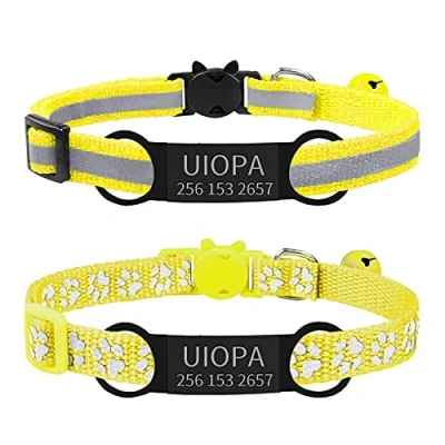 Image de Uiopa 2pcs Collier Chat Personnalisable + Medaille avec Gravure, Anti Etranglement Clochette, Chaton Naissance Reglable 19 32cm pour Chaton, Chiot (Jaune)