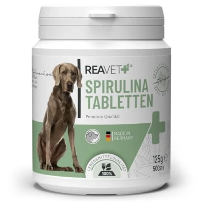 Image de ReaVET Comprimés de Spiruline pour Chiens 500 Pièces Qualité Alimentaire, Microalgues Soutient la Peau et Le Pelage, Système Immunitaire Les Processus Métaboliques