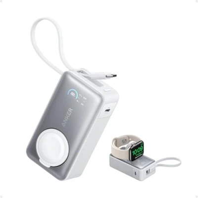Image de Anker MagGo Power Bank pour Apple Watch, Pack de Batteries Compact Certifié 10 000 mAh avec Câble USB C Intégré, 35 W Max, iPhone 16/15, Samsung, iPad, AirPods, et Plus