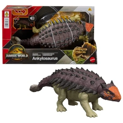 Image de Mattel Jurassic World : Renaissance, Ankylosaurus Rugissement féroce, dinosaure avec coup de tête activé en bougeant la queue, attaque multidirectionnelle et son, jeu virtuel, JGB90