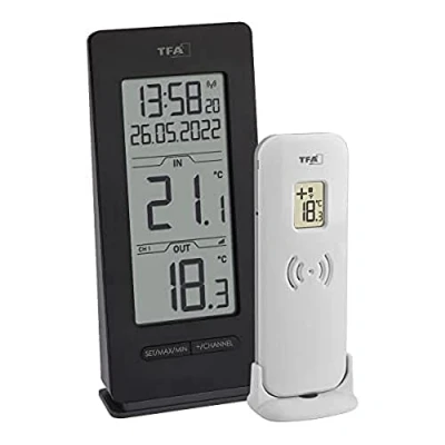 Image de TFA Dostmann Thermomètre radio intérieur/extérieur, 30.3072.01.90, avec horloge et date, réception DCF désactivable, fonction max/min, sans fil, noir