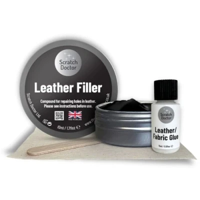 Image de Scratch Doctor Kit de réparation colle et remplissage pour cuir, déchirures, rayures, trous sur les meubles en canapés, chaises, sièges voiture (noir, 10 ml)