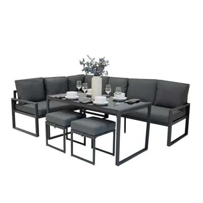 Image de Ensemble Meubles de Jardin En Aluminium Gris Anthracite 7 Places Salon Extérieur Modulaire Forme L Table Avec Plateau Verre Tabourets Coussins Épais Housses Lavables Housse Imperméable INCLUS