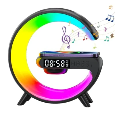 Image de lampe chargeur sans fil, en forme de G, haut parleur 10 W, Bluetooth, lumière d&#039;ambiance changeante couleur RVB et réveil (noir)