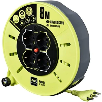 Image de Masterplug Pro XT Enrouleur de câble 8 mètres, 4 Prises universelles prolivalent : Bipasso, EU, Schuko, rallonge électrique 16A, indicateur LED, Haute visibilité
