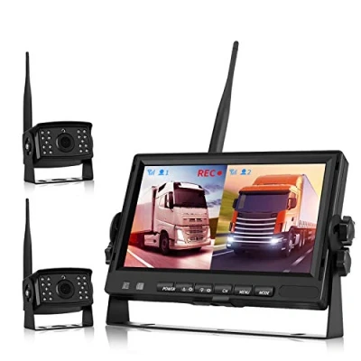 Image de Camera de Recul sans Fil, Camion Numérique AHD Enregistrement Vidéo à Double Caméra DVR (Camera et Vue Avant) Moniteur 7 Pouces pour 12V 24V Vision Nocturne