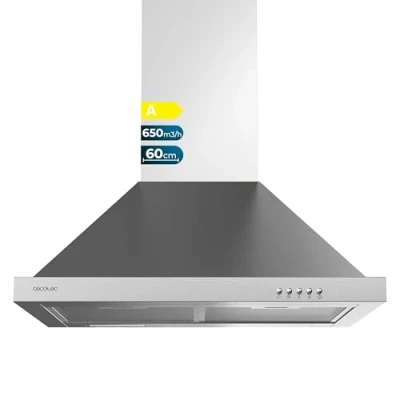 Image de Cecotec Hotte aspirante 60 cm Pyramidale Bolero Flux PM 606500 Inox A. Moteur 165 W, Finition inox, Aspiration 650 m3/h, Commande mécanique, 3 niveaux de puissance, Lumière et Filtre à charbon