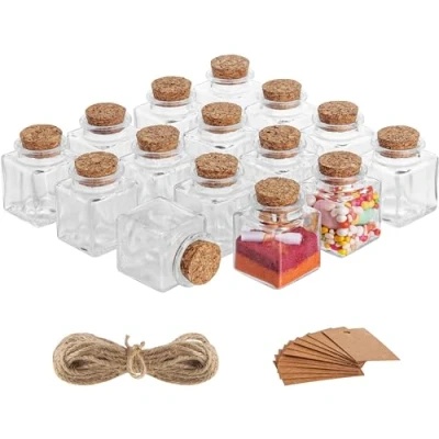 Image de BELLE VOUS Lot de 15 Pot avec Bouchon Liege en Verre, Étiquettes et Ficelle 50 ml Mini Conservation Carré, Hermétiques pour Mariage, Fête, Épices Confitures
