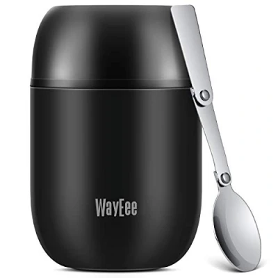 Image de WayEee Boîtes alimentaires isothermes,Boite Isotherme Repas Chaud Porte Aliments en Acier Inoxydable à Double Couche Pour Ecole Bureau/450ml Noir