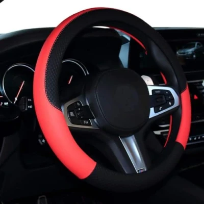 Image de Couvre Volant en Cuir Microfibre Wavy Line Splice X Pattern Noir Rouge
