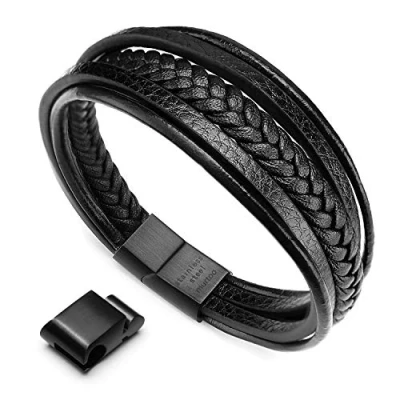 Image de murtoo Bracelet Homme Cuir Véritable et Acier Inoxydable pour Les Hommes(Noir avec Joint magnetique,23.5)
