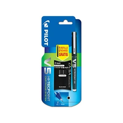 Image de Pilot Blister V5 Hi tecpoint Rechargeable Liquid Ink Roller Pen Black Fine Point + 1 case of 3 cartridges