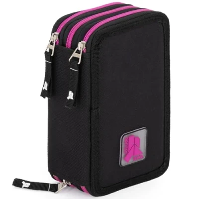 Image de Julian Ross Trousse triple remplie pour enfants, 45 accessoires école primaire, 3 fermetures éclair, compartiments organisés, crayons, marqueurs, colle, ciseaux, Noir fuchsia, Porte stylo