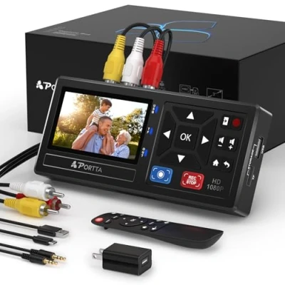 Image de PORTTA Convertisseur VHS vers Numérique, Numerisation Cassette Video avec télécommande, RCA to HDMI Converter Compatible VHS, VCR, DVR, DVD, Hi8, Mini DV, Tape, Gaming Consoles
