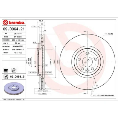 Image de BREMBO 09.D064.21 Disque de frein 350 32 5 ventilé l&#039;intérieur revêtu à haute teneur en carbone JAGUAR: F Pace, LAND ROVER: Range Rover Velar