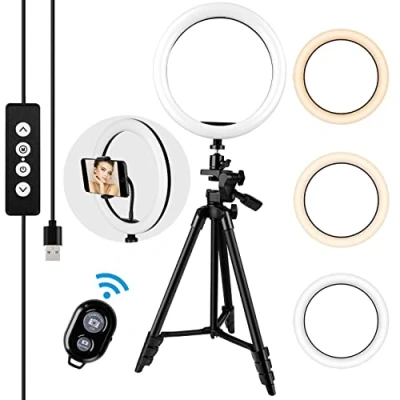 Image de Ring Light avec Trépied, 10&quot; Anneau Lumineux Selfie, Télécommande Bluetooth, 3 Couleurs, 10 Types de Luminosité, pour TIK Tok/Youtube/Maquillage/Selfi