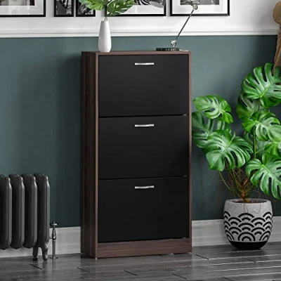 Image de Vida Designs 3 tiroirs Armoire à Chaussures de Stockage Organiseur Pull Down Meuble en Bois, Noyer et Noir, Taille du Produit: H 118 x L 60 P 24 Cm Env