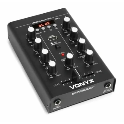 Image de Vonyx STM500BT Table de Mixage Bluetooth 2 Canaux, Lecteur MP3 avec Affichage, Crossfader, Entrée USB, Micro, Sortie Casque, Egaliseur bandes sur Chaque Canal, Parfait pour les DJs Mobiles