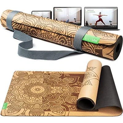 Image de BACKLAxx ® tapis de Yoga liège avec caoutchouc naturel non toxique durable et antidérapant zones antidérapantes Sangle vidéos d&#039;application inclu mat