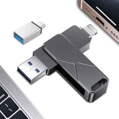 Image de Clé USB pour iPhone 256 Go, Mfi Certified Lightning Mémoire Externe Pen Drive Stylo 4 en 1 iPhone, iPad, iOS, Macbook, Android, PC (Noir, Go)