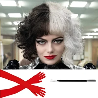 Image de Perruque Courte Noire et Blanche avec des Gants Rouges un support, ATAYOU mi pour femmes costume Carnival Halloween (Noir blanc 547)