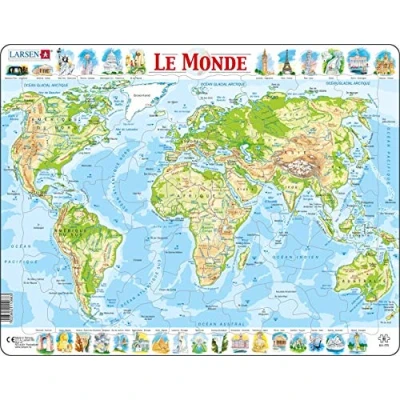 Image de Larsen K4 La Carte Physique du Monde, édition Français, Puzzle Cadre avec de 80 pièces