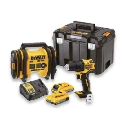 Image de DEWALT Kit 2 outils XR 18V 2Ah Li Ion : Perceuse visseuse Compact Brushless + Gonfleur DCK2067D2T QW