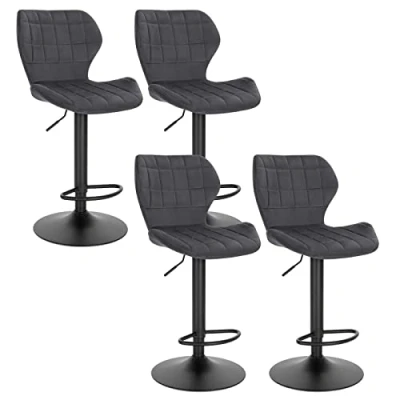 Image de WOLTU Tabouret de Bar Lot 4 Tabourets Réglables 60 82cm en Hauteur Pivotant à 360 avec Dossier Repose Pieds Chaise Velours Métal Debout Gris Foncé BH324dgr