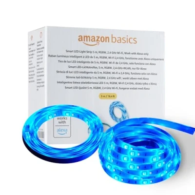 Image de Amazon Basics Bande lumineuse LED intelligente de 5 m, RVB et blanc, Wi Fi 2,4 GHz, fonctionne avec Alexa uniquement, Multicolore