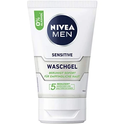 Image de NIVEA MEN gel lavant Sensitive (100 ml), nettoyant sans savon à la camomille et vitamine E pour peau sensible des hommes, nettoyage du visage apaisant 0% d&#039;alcool