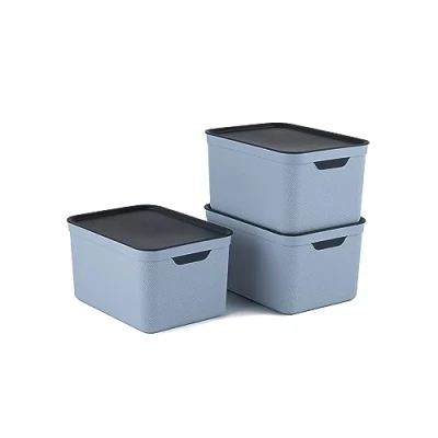 Image de Jive 3er Set Dekobox A4 fog blue Lot de 3 boîtes rangement 16l avec couvercle, Plastique (PP recyclé), bleu/anthracite, 3x16l (37.5 x 27.8 29.8 cm)